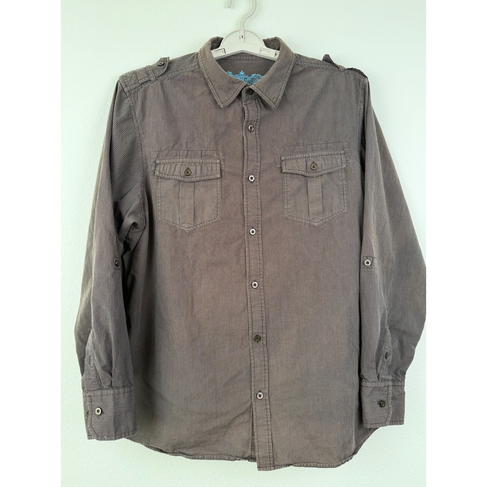 Cherokee Button Down Shirt Mens XL Brown Good Pinstripe Utility Workwear Casual